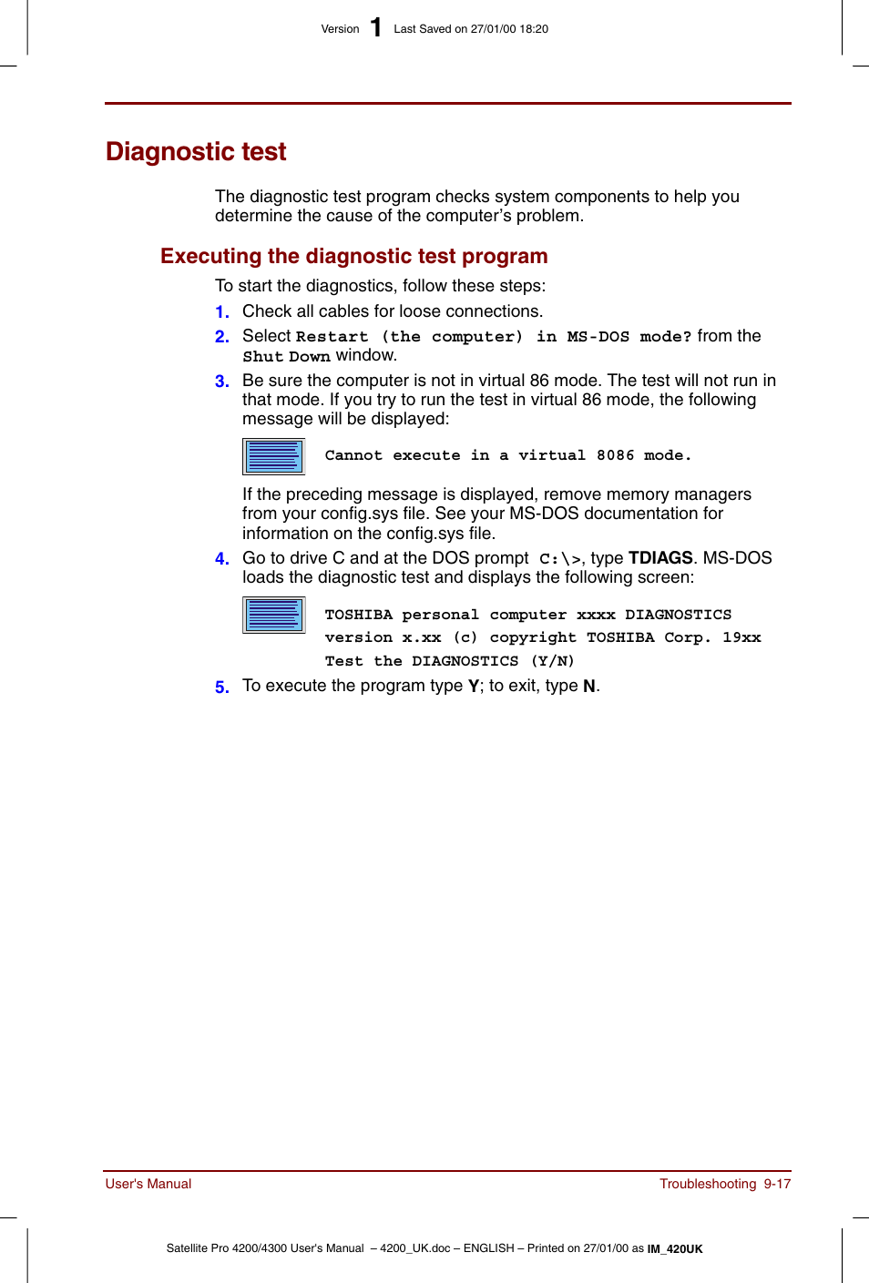 Diagnostic test, Diagnostic test -17, Executing the diagnostic test program -17 | Executing the diagnostic test program | Toshiba Satellite Pro 4320 User Manual | Page 165 / 230