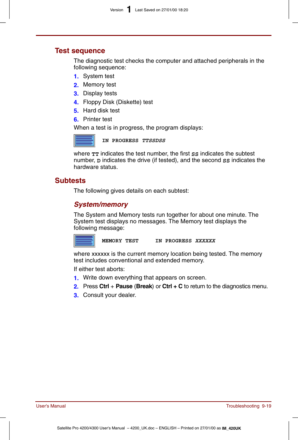 Test sequence -19 subtests -19, Test sequence, Subtests | Toshiba Satellite Pro 4320 User Manual | Page 167 / 230