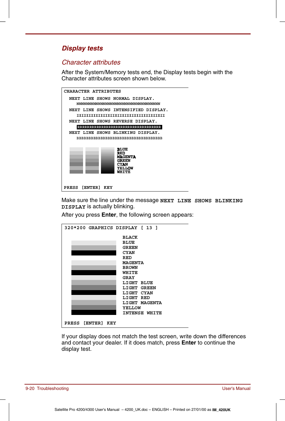 Display tests character attributes | Toshiba Satellite Pro 4320 User Manual | Page 168 / 230