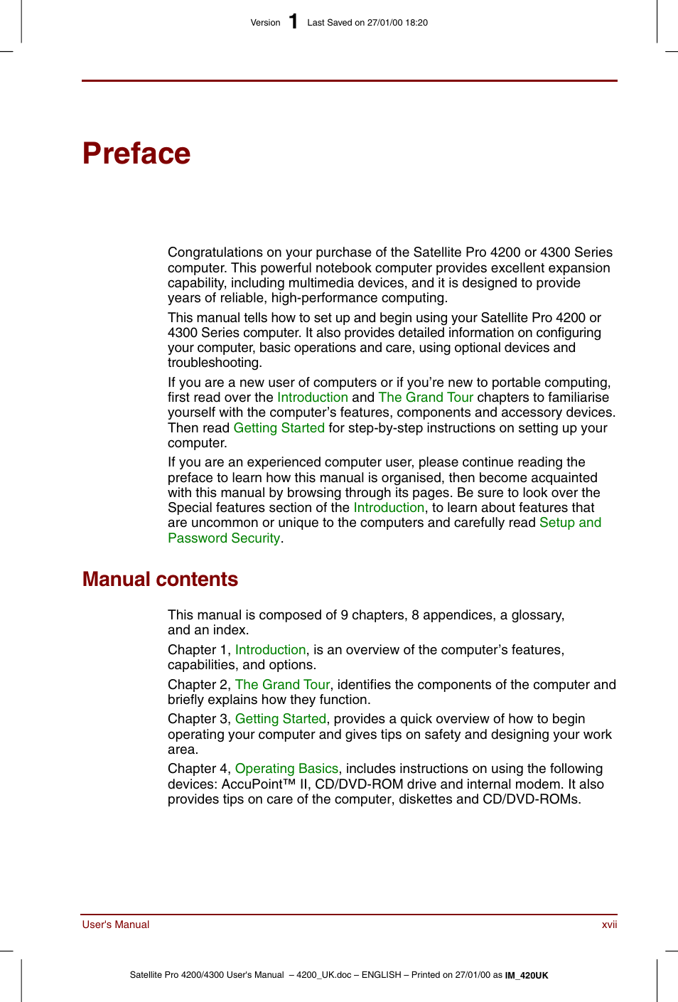 Preface, Manual contents, Xvii | Toshiba Satellite Pro 4320 User Manual | Page 17 / 230