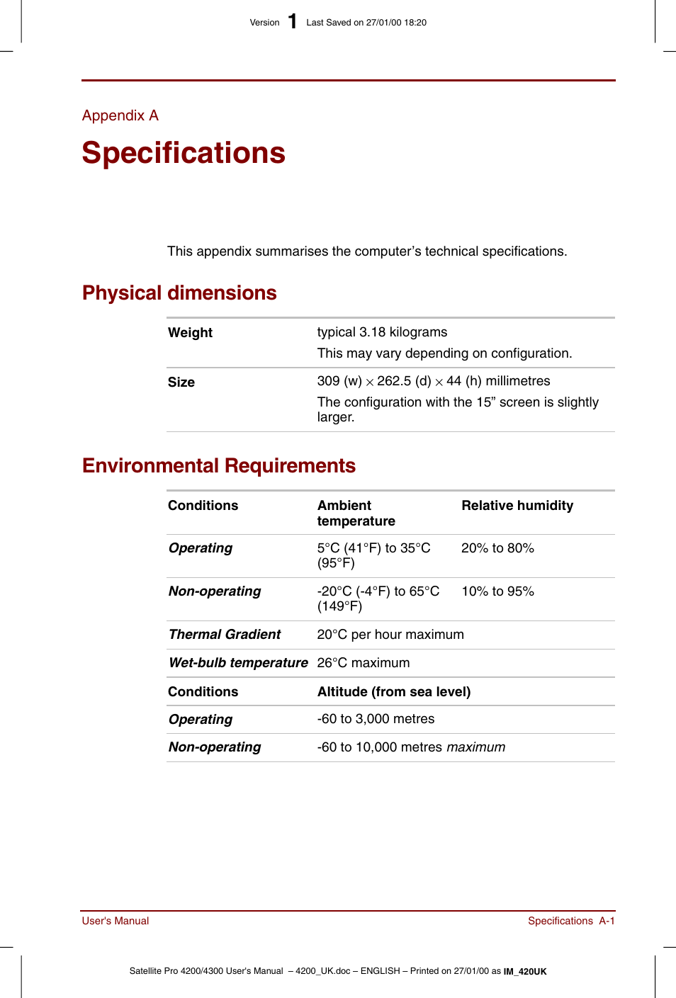 Appendix a, Specifications, Physical dimensions | Environmental requirements | Toshiba Satellite Pro 4320 User Manual | Page 175 / 230