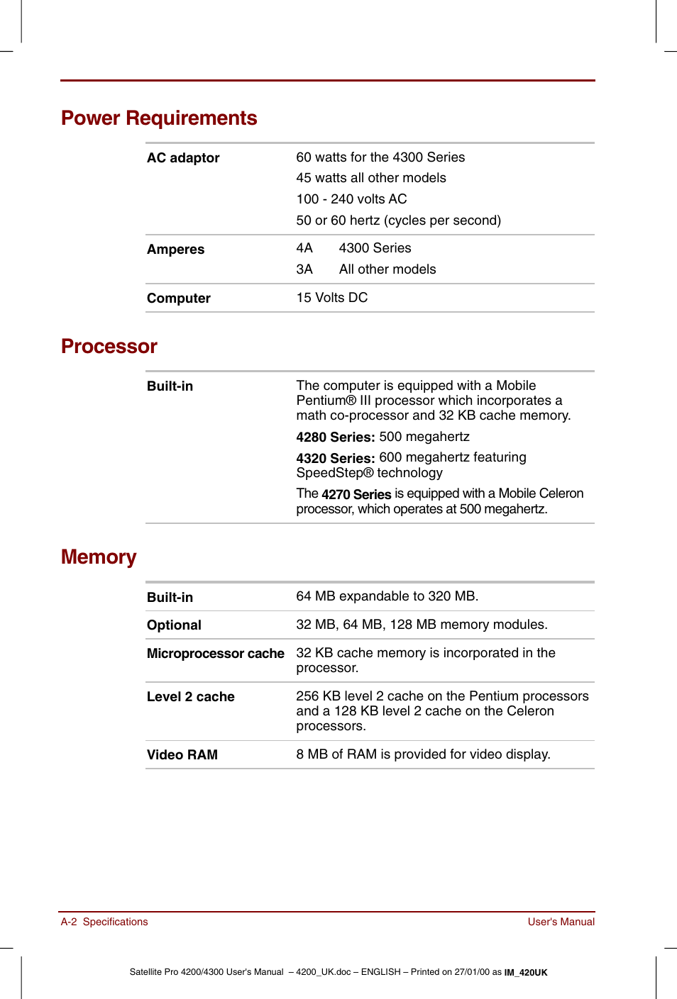 Power requirements, Processor | Toshiba Satellite Pro 4320 User Manual | Page 176 / 230