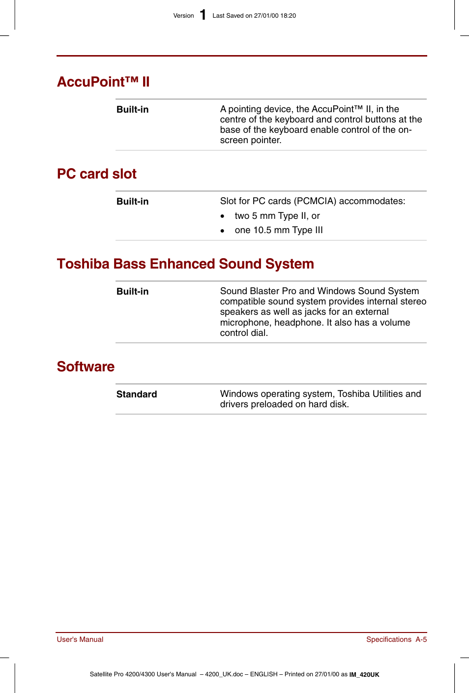 Accupoint™ ii, Pc card slot, Toshiba bass enhanced sound system | Software | Toshiba Satellite Pro 4320 User Manual | Page 179 / 230