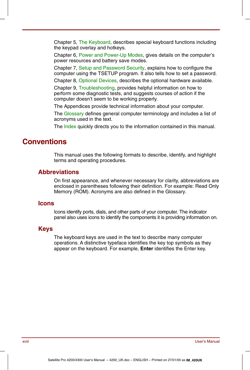 Conventions, Abbreviations, Icons | Keys | Toshiba Satellite Pro 4320 User Manual | Page 18 / 230