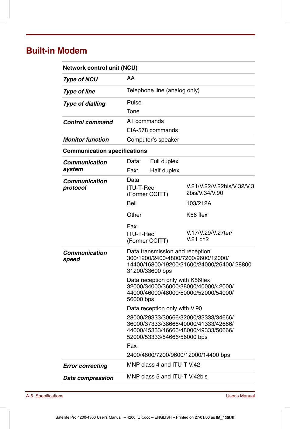 Built-in modem | Toshiba Satellite Pro 4320 User Manual | Page 180 / 230