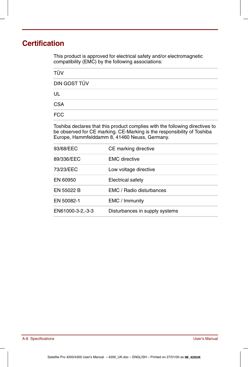 Certification | Toshiba Satellite Pro 4320 User Manual | Page 182 / 230