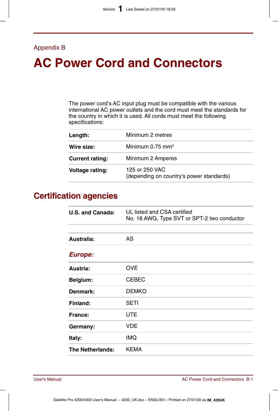 Appendix b, Ac power cord and connectors, Certification agencies | Toshiba Satellite Pro 4320 User Manual | Page 183 / 230