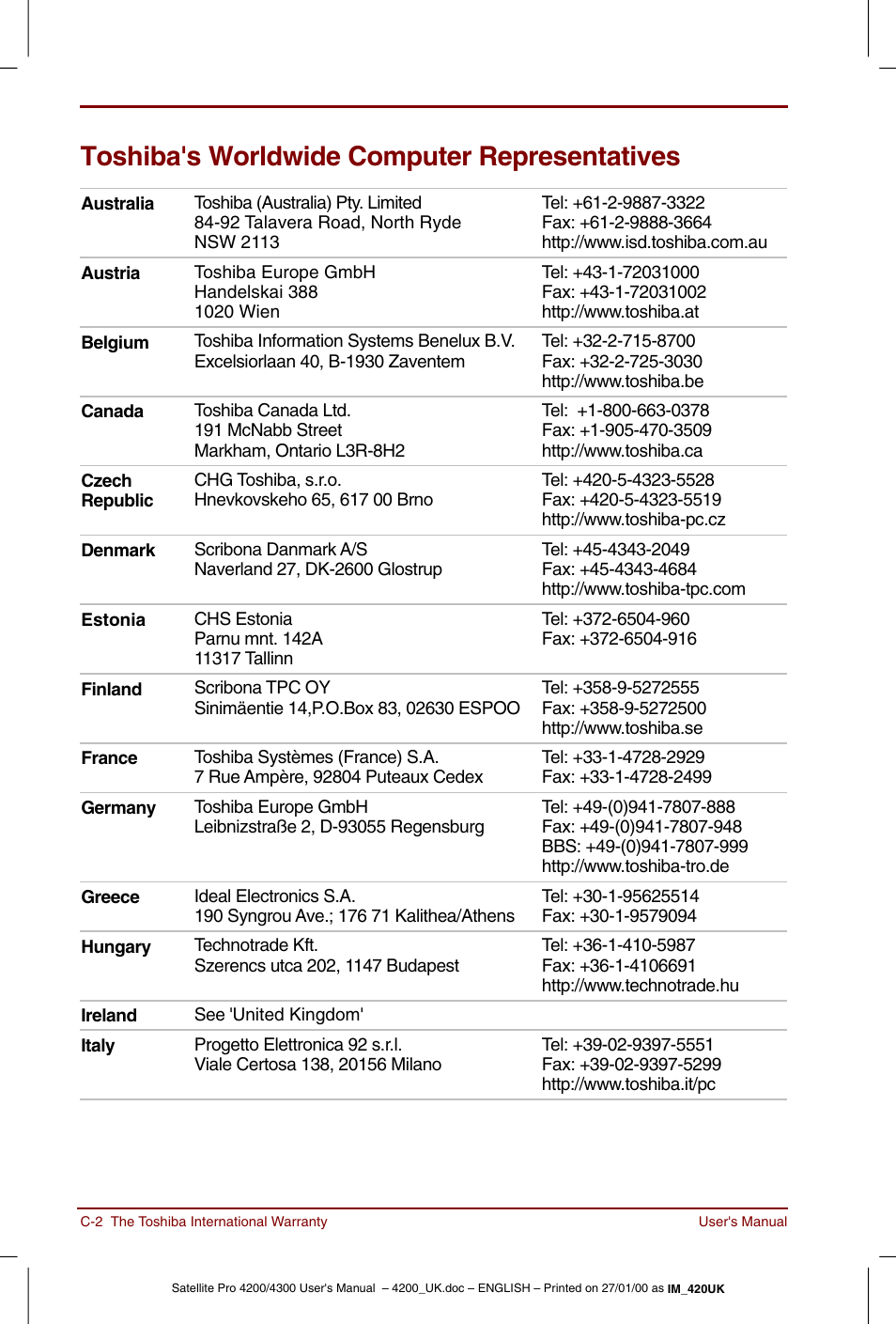 Toshiba's worldwide computer representatives | Toshiba Satellite Pro 4320 User Manual | Page 186 / 230