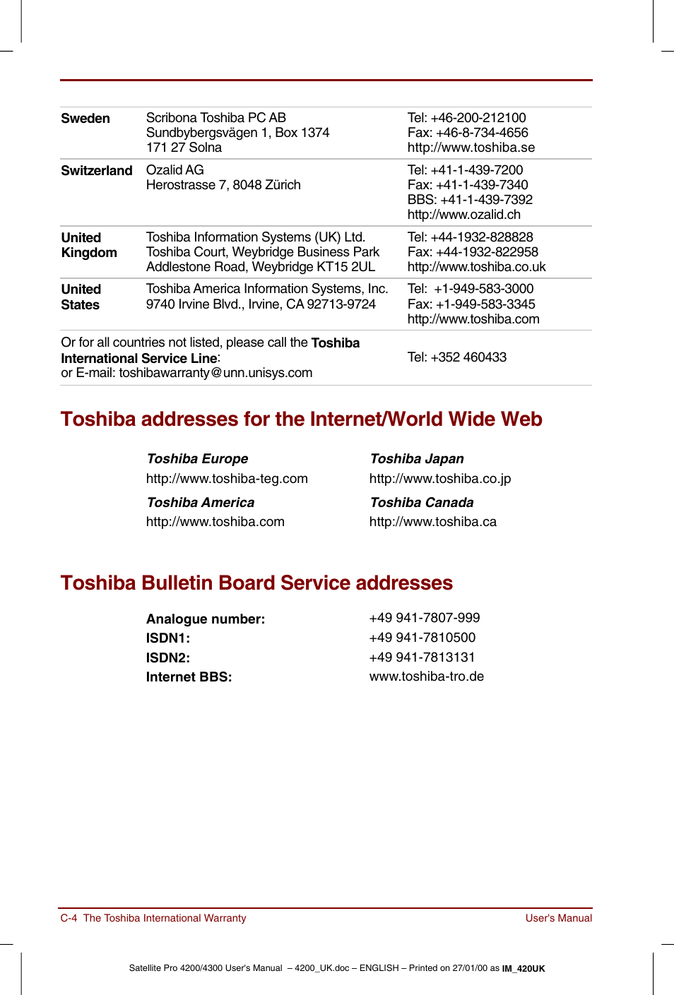 Toshiba addresses for the internet/world wide web, Toshiba bulletin board service addresses | Toshiba Satellite Pro 4320 User Manual | Page 188 / 230