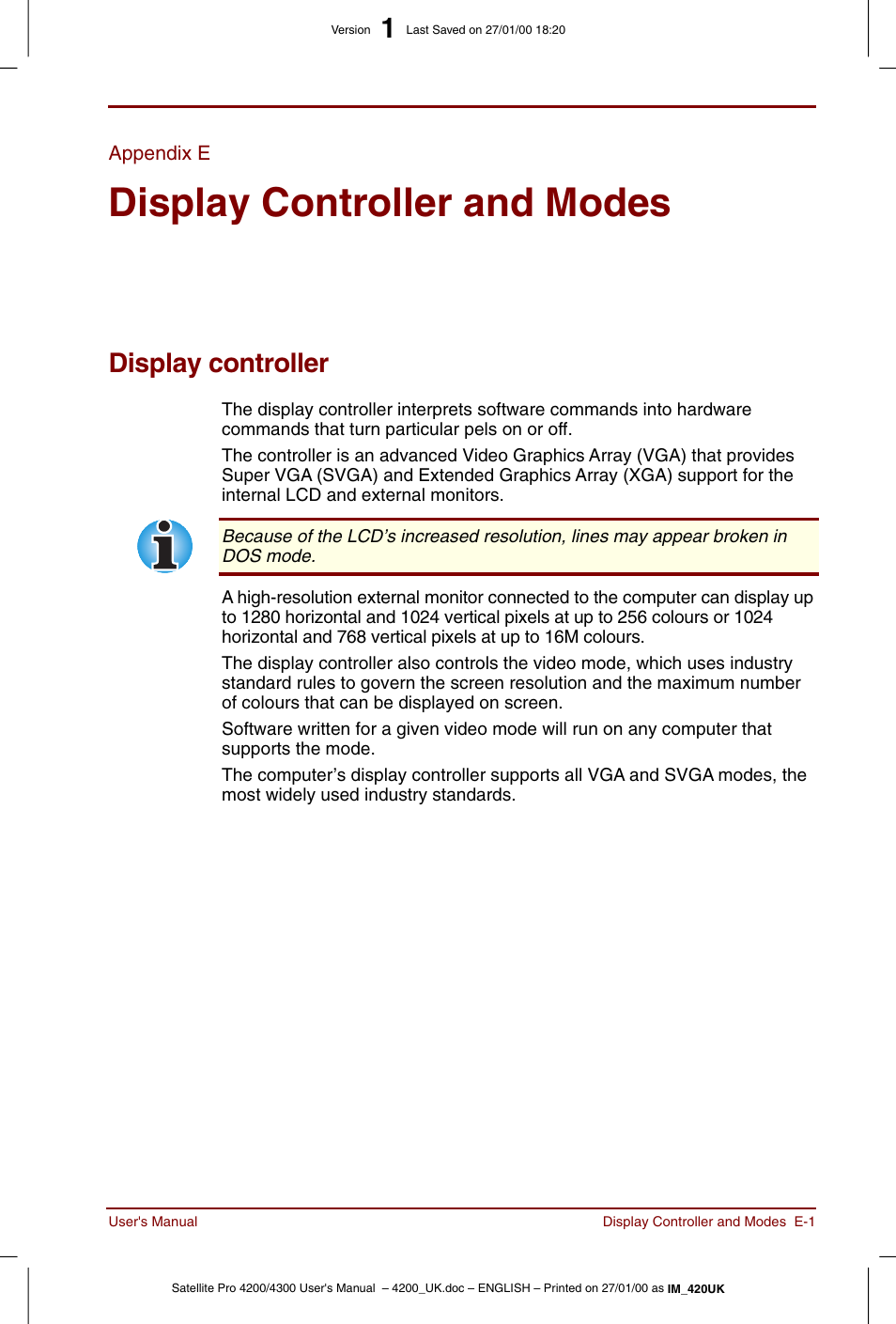 Appendix e, Display controller and modes, Display controller | Toshiba Satellite Pro 4320 User Manual | Page 195 / 230