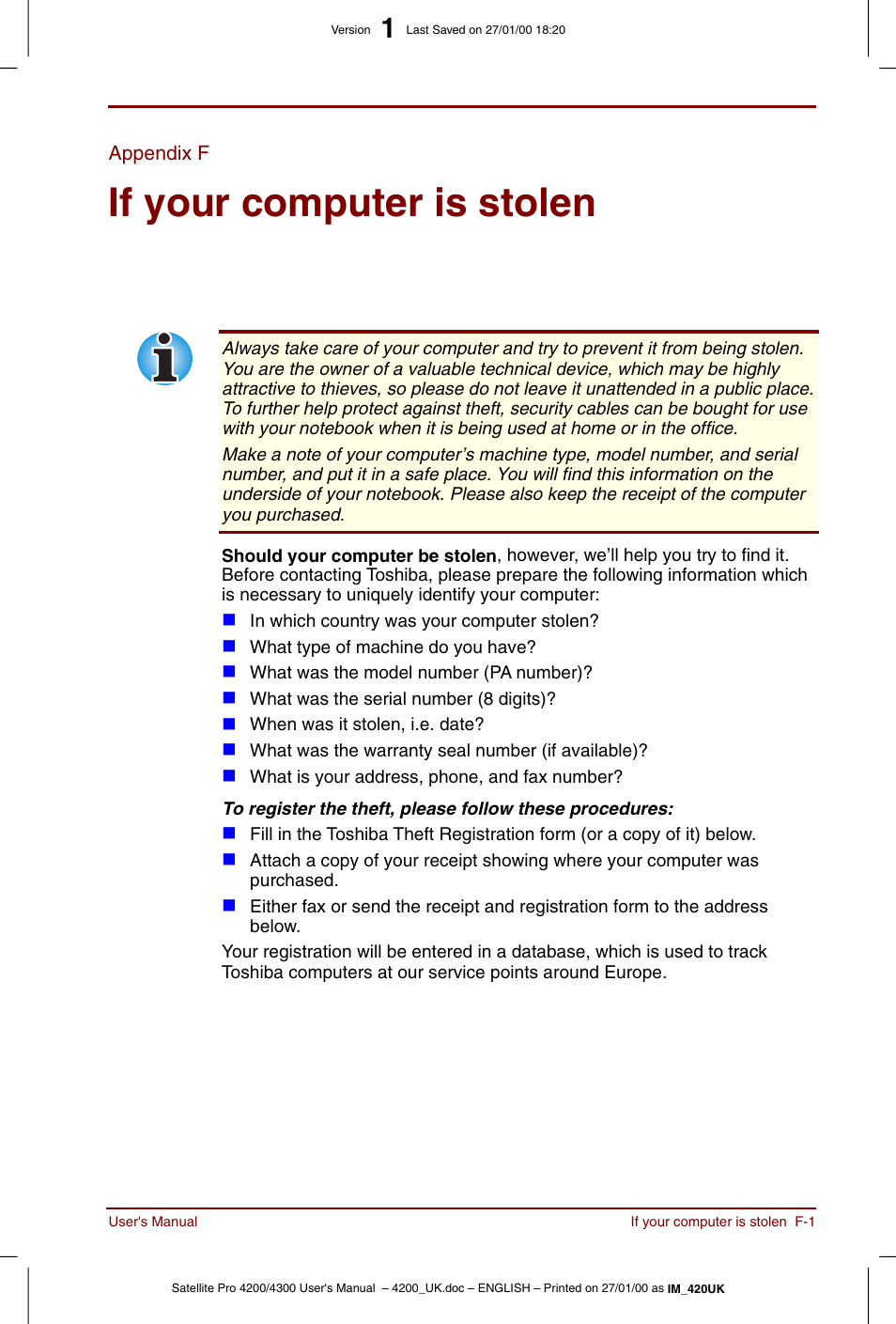 Appendix f, If your computer is stolen | Toshiba Satellite Pro 4320 User Manual | Page 199 / 230