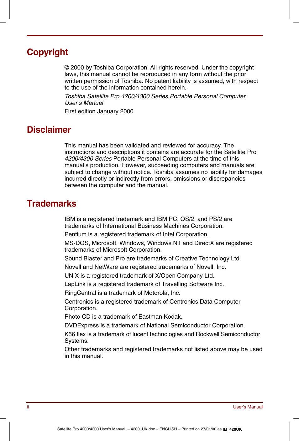 Copyright, Disclaimer, Trademarks | Toshiba Satellite Pro 4320 User Manual | Page 2 / 230