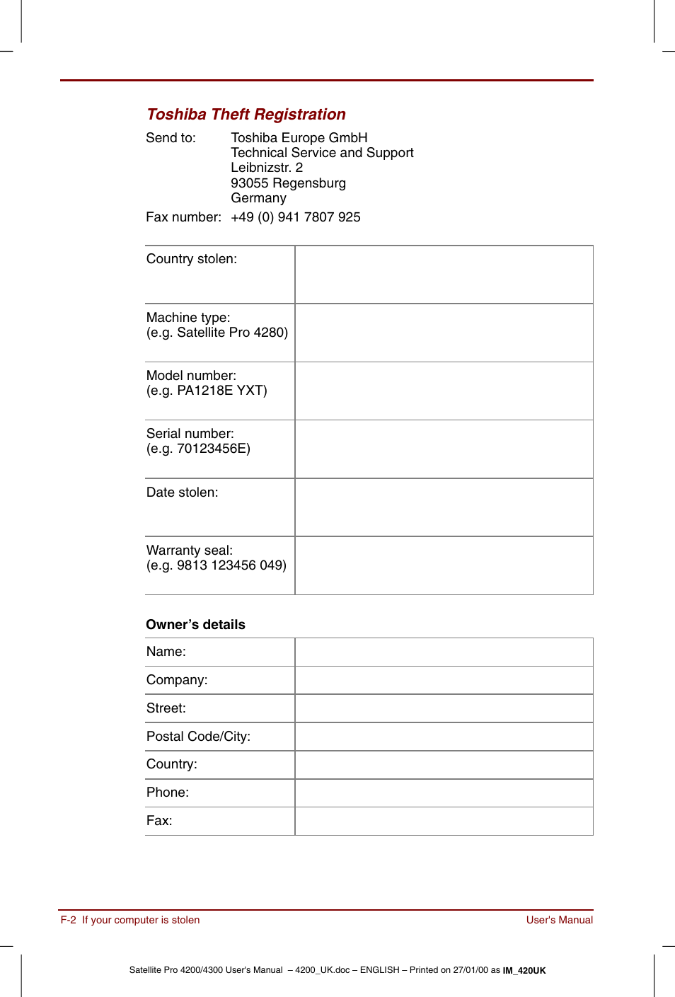 Toshiba theft registration | Toshiba Satellite Pro 4320 User Manual | Page 200 / 230