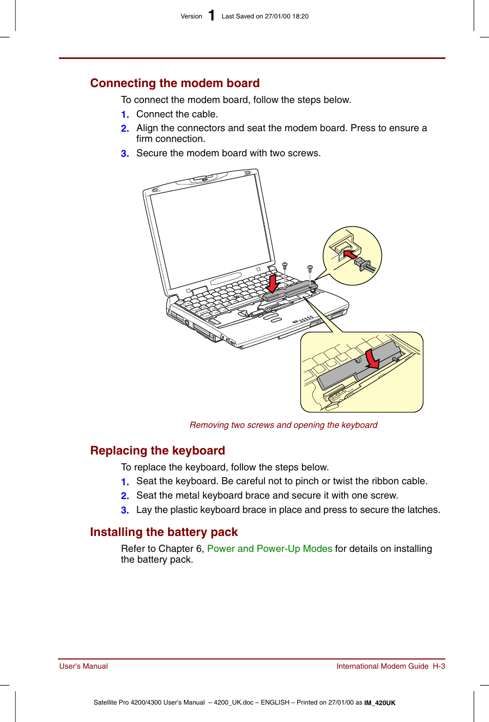 Connecting the modem board, Replacing the keyboard, Installing the battery pack | Toshiba Satellite Pro 4320 User Manual | Page 209 / 230