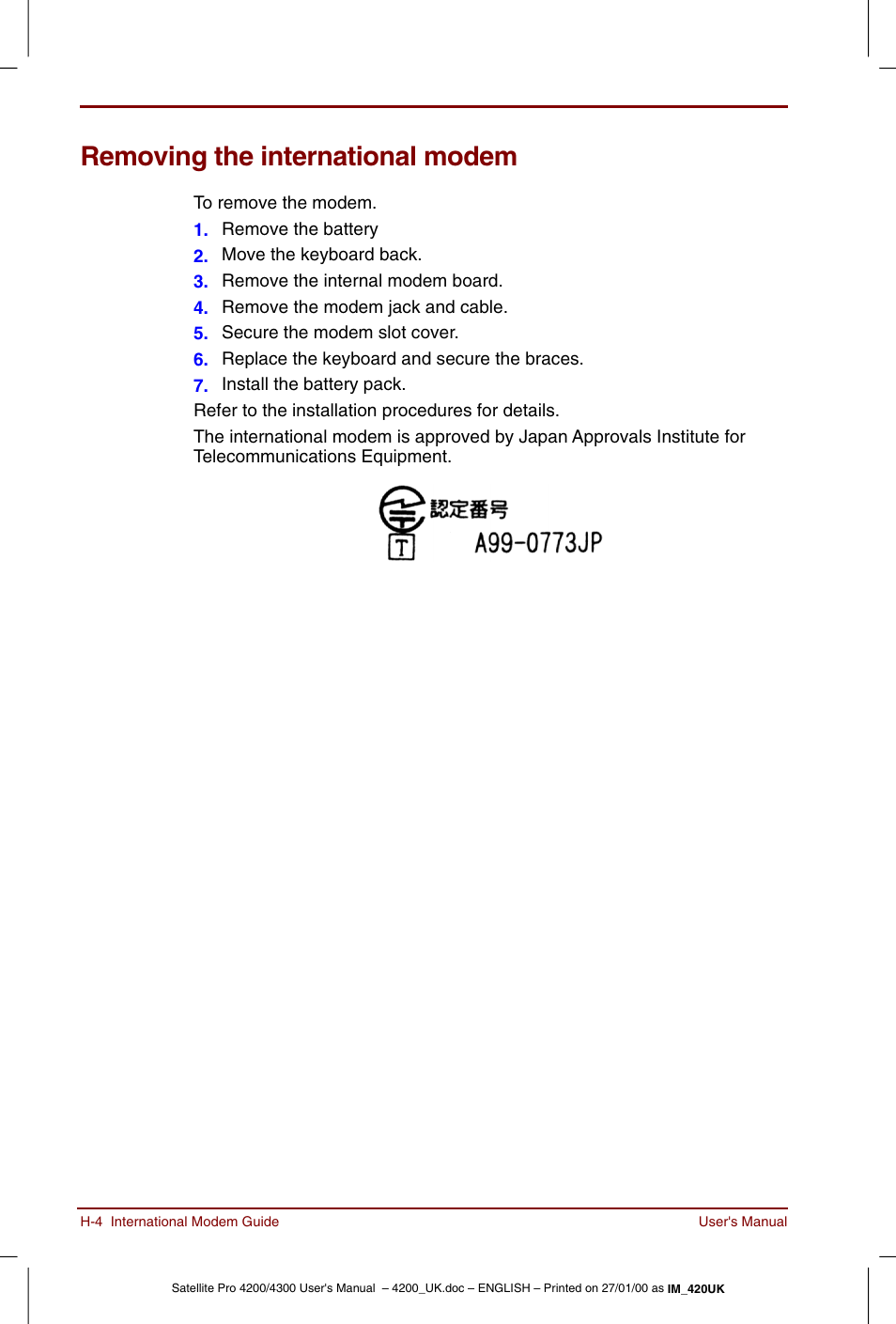 Removing the international modem | Toshiba Satellite Pro 4320 User Manual | Page 210 / 230