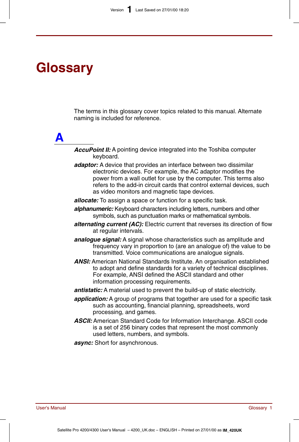 Glossary | Toshiba Satellite Pro 4320 User Manual | Page 211 / 230