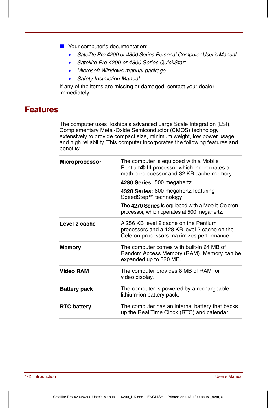 Features, Features -2 | Toshiba Satellite Pro 4320 User Manual | Page 22 / 230