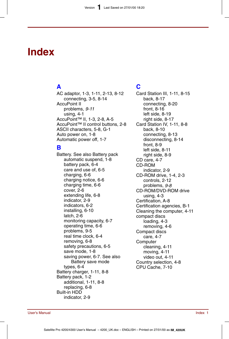 Index | Toshiba Satellite Pro 4320 User Manual | Page 225 / 230