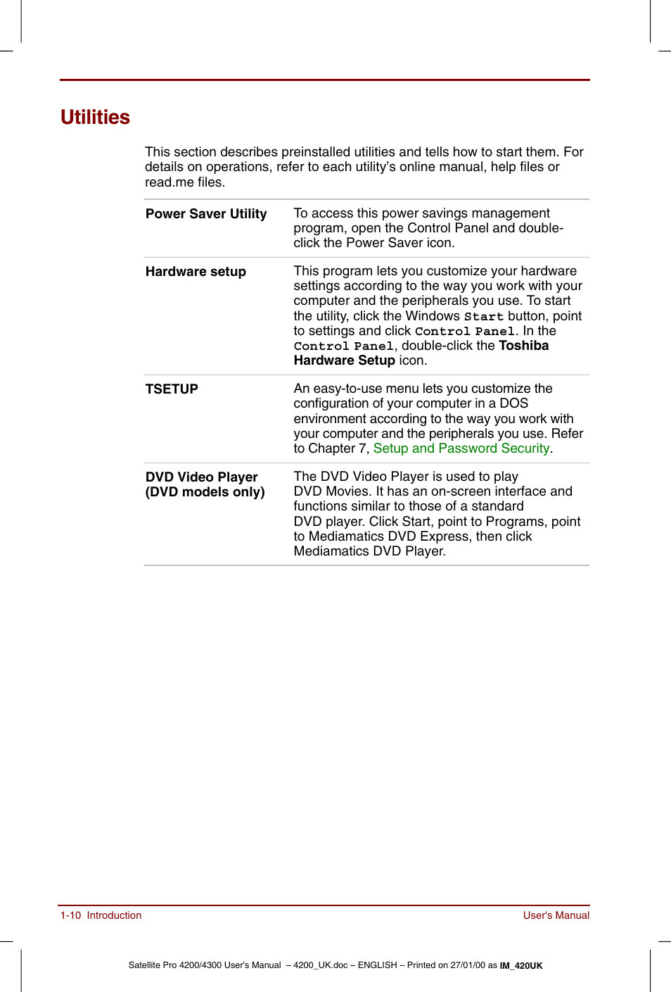 Utilities, Utilities -10 | Toshiba Satellite Pro 4320 User Manual | Page 30 / 230