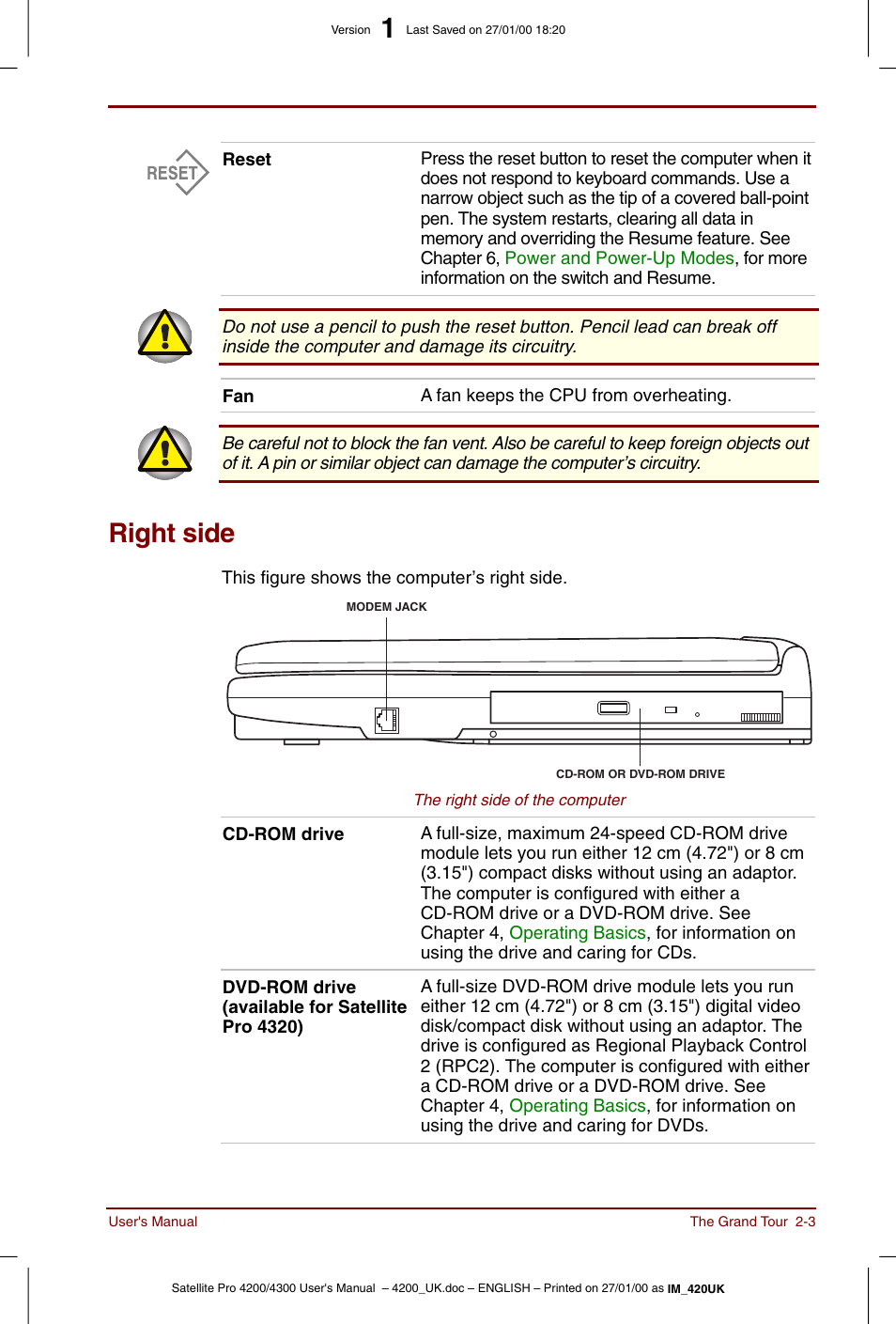 Right side, Right side -3 | Toshiba Satellite Pro 4320 User Manual | Page 35 / 230