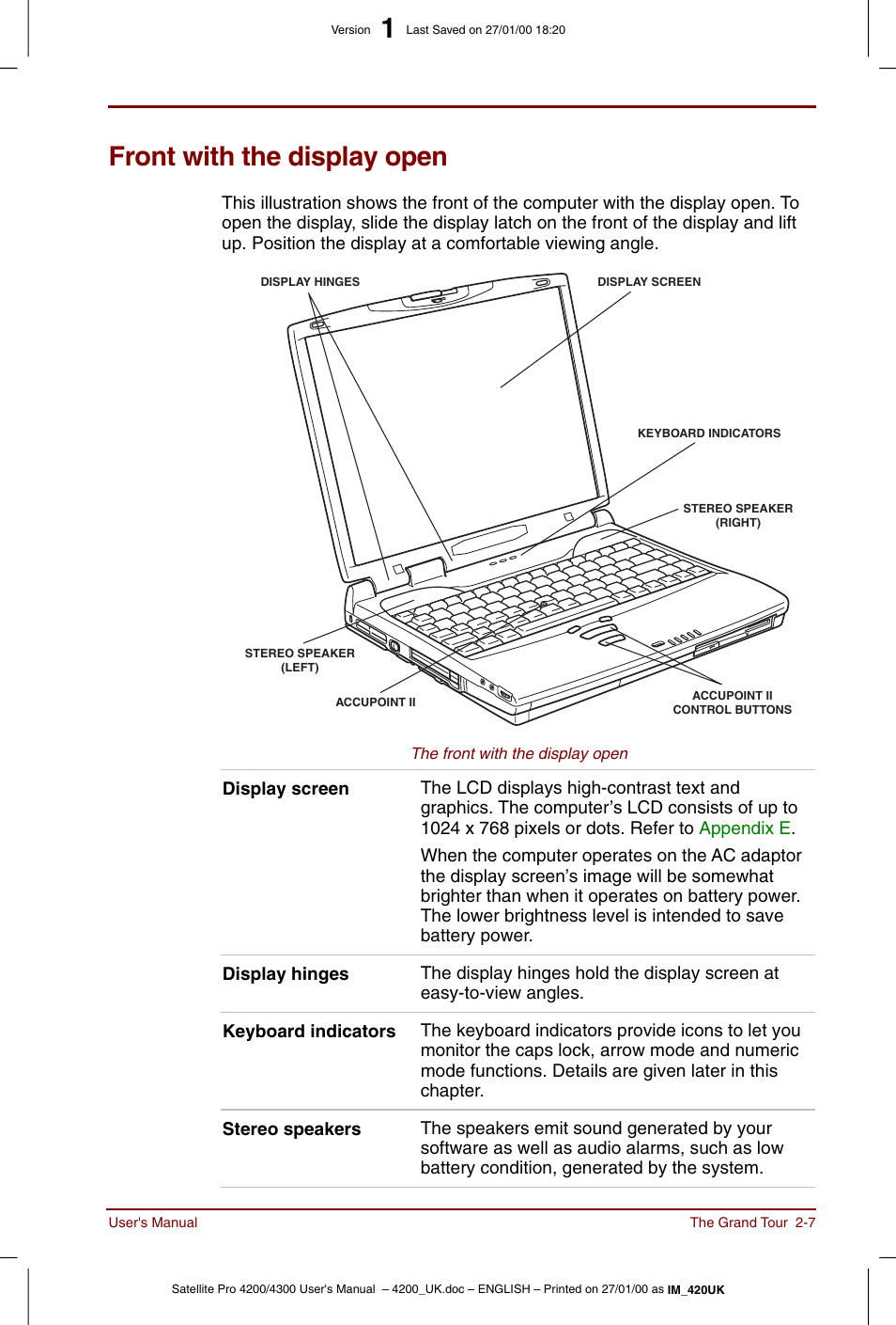 Front with the display open, Front with the display open -7 | Toshiba Satellite Pro 4320 User Manual | Page 39 / 230