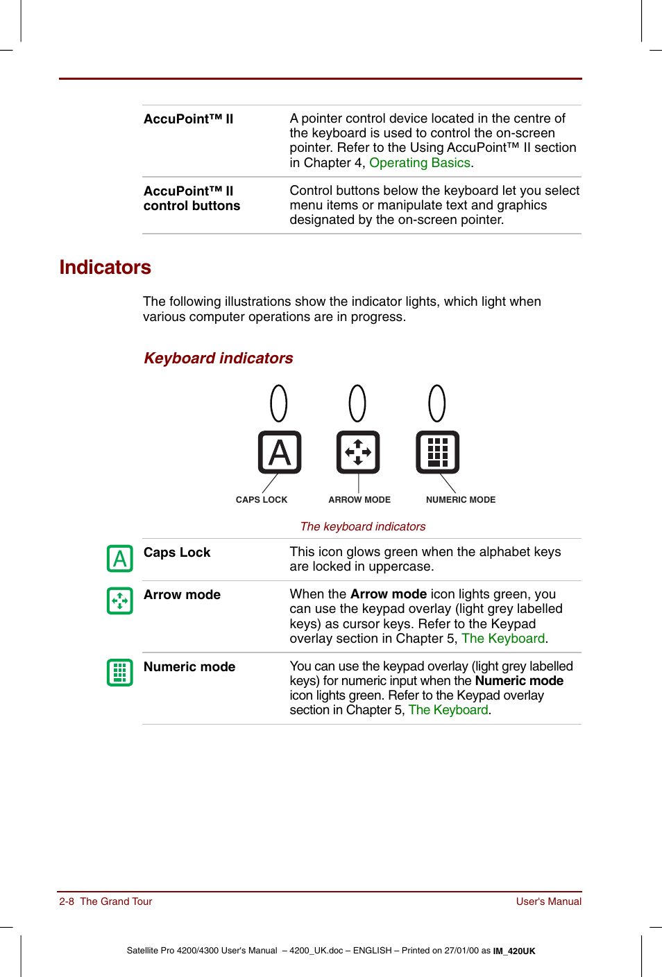 Indicators, Indicators -8, Keyboard indicators | Toshiba Satellite Pro 4320 User Manual | Page 40 / 230