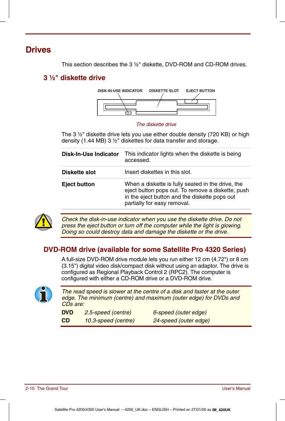 Drives, Drives -10, 3 ½" diskette drive | Toshiba Satellite Pro 4320 User Manual | Page 42 / 230