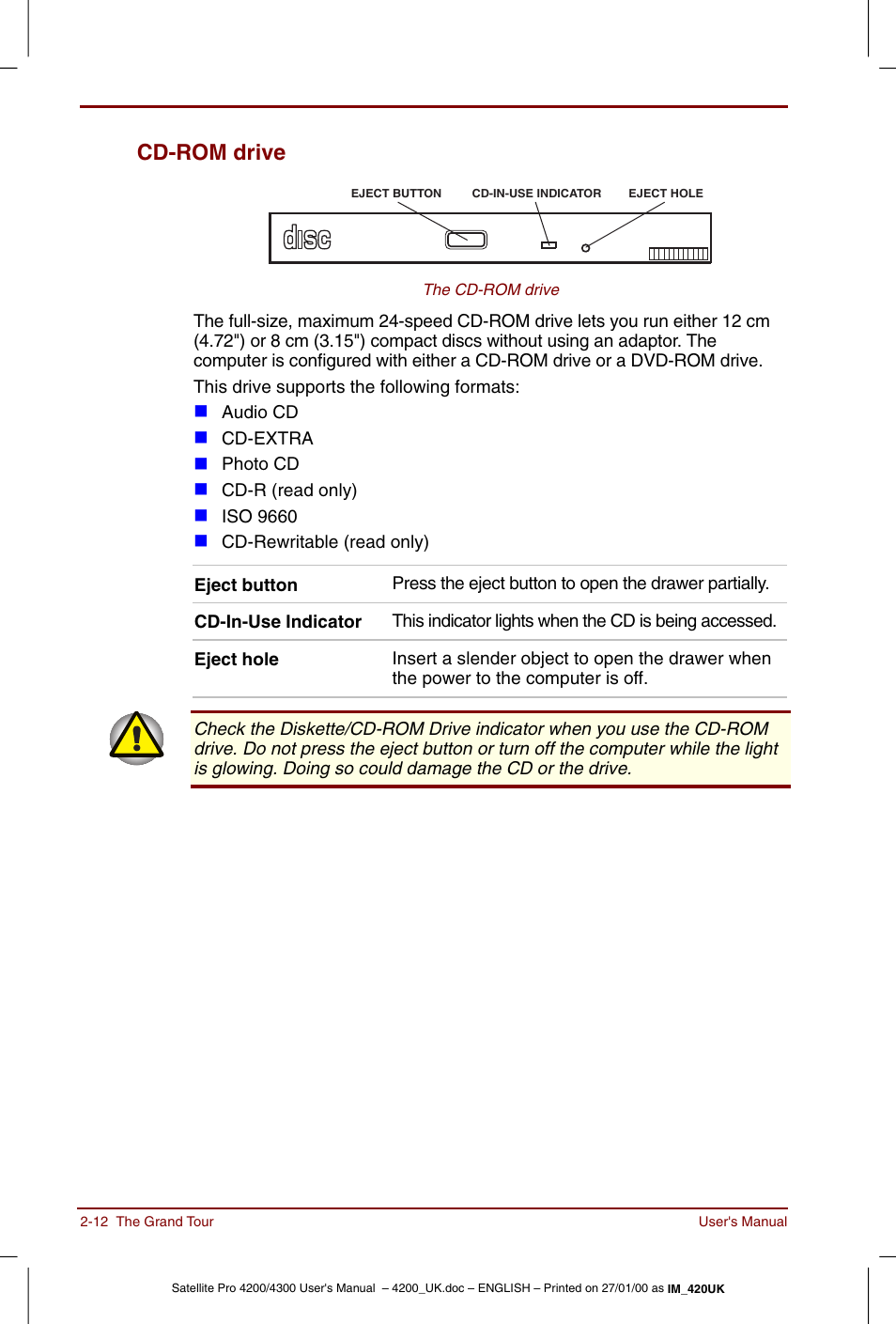 Cd-rom drive -12, Cd-rom drive | Toshiba Satellite Pro 4320 User Manual | Page 44 / 230