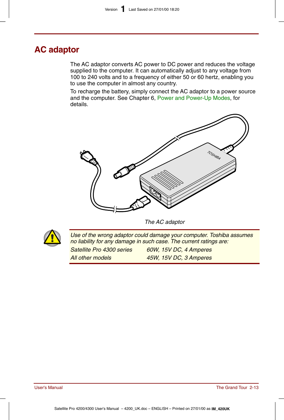 Ac adaptor, Ac adaptor -13 | Toshiba Satellite Pro 4320 User Manual | Page 45 / 230