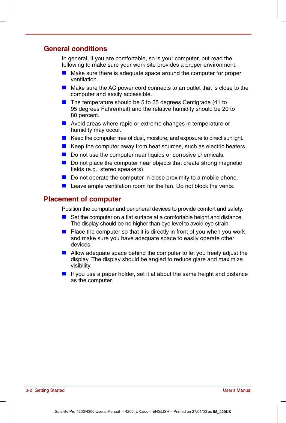 General conditions -2 placement of computer -2, General conditions, Placement of computer | Toshiba Satellite Pro 4320 User Manual | Page 48 / 230