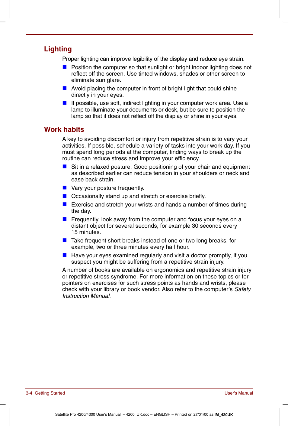 Lighting -4 work habits -4, Lighting, Work habits | Toshiba Satellite Pro 4320 User Manual | Page 50 / 230