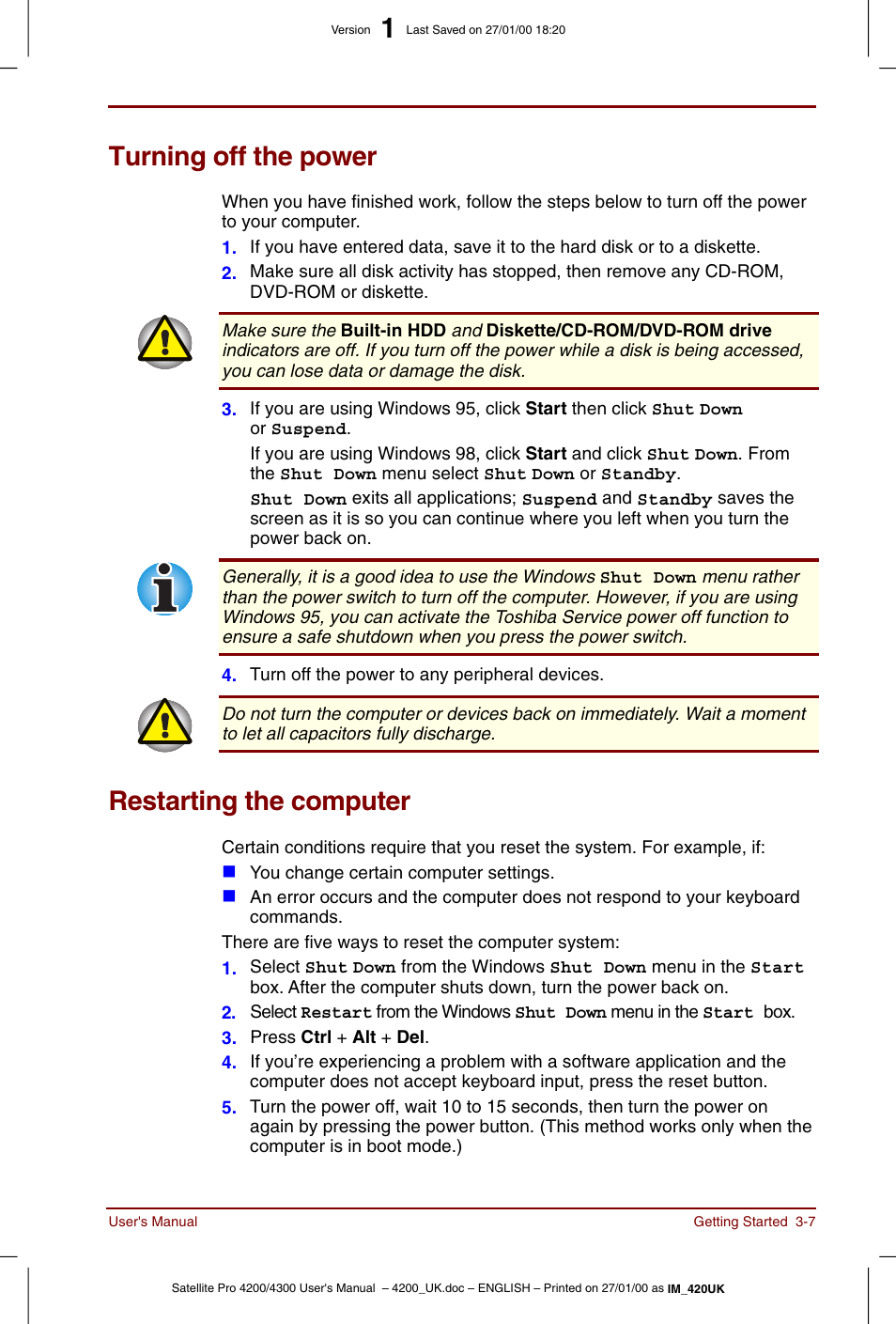 Turning off the power, Restarting the computer | Toshiba Satellite Pro 4320 User Manual | Page 53 / 230