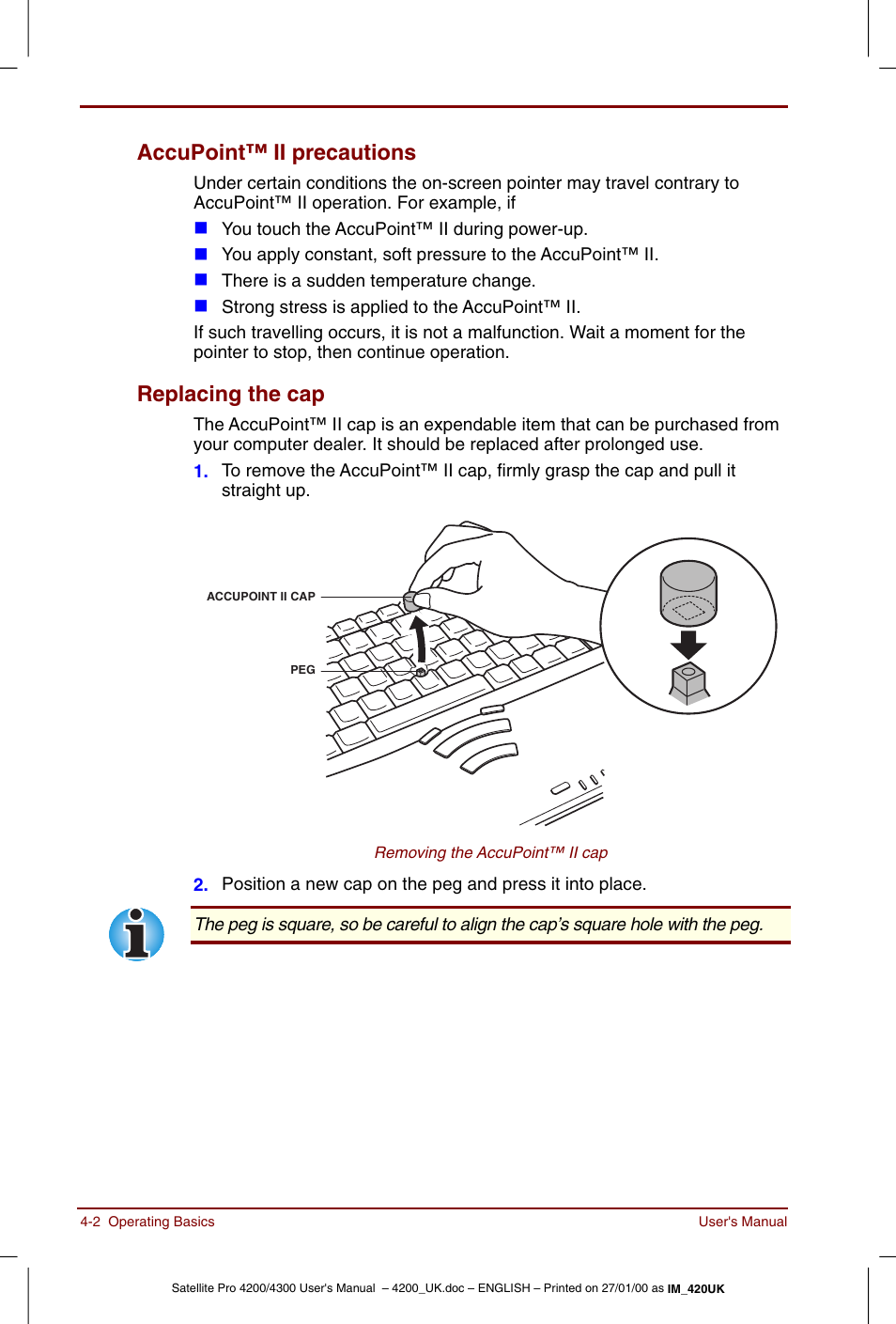 Accupoint™ ii precautions -2 replacing the cap -2, Accupoint™ ii precautions, Replacing the cap | Toshiba Satellite Pro 4320 User Manual | Page 56 / 230