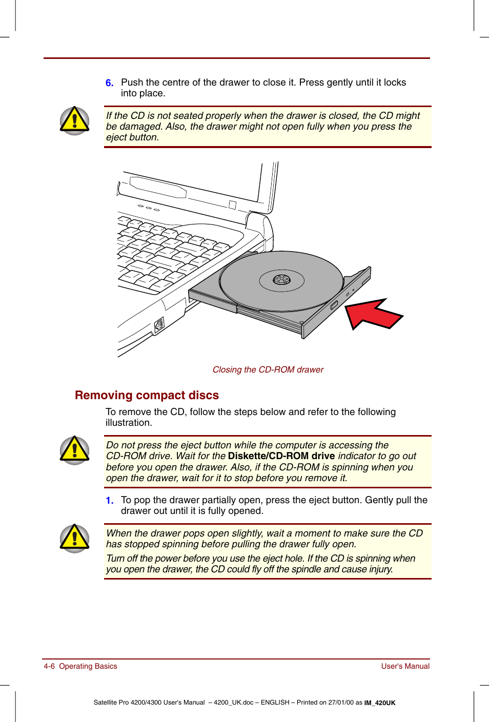 Removing compact discs -6, Removing compact discs | Toshiba Satellite Pro 4320 User Manual | Page 60 / 230