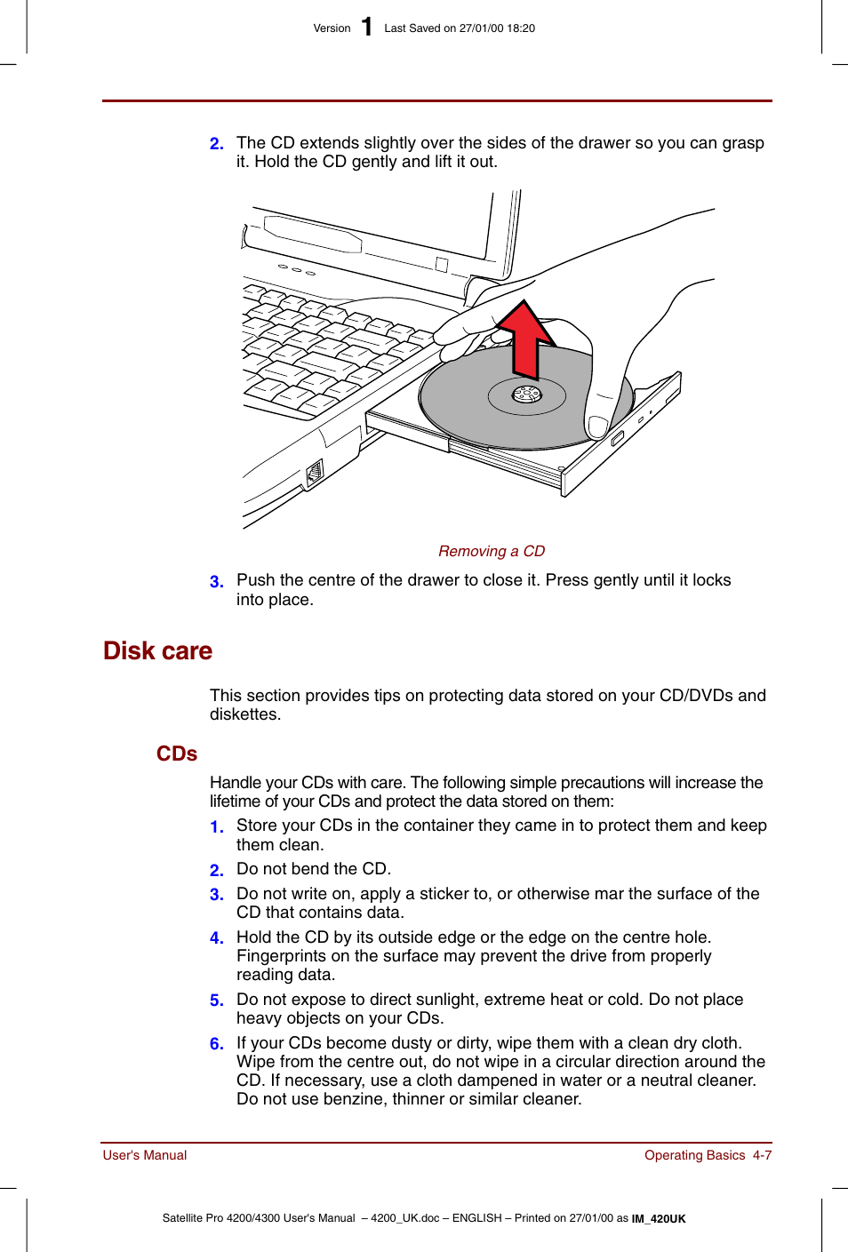 Disk care, Disk care -7, Cds -7 | Toshiba Satellite Pro 4320 User Manual | Page 61 / 230