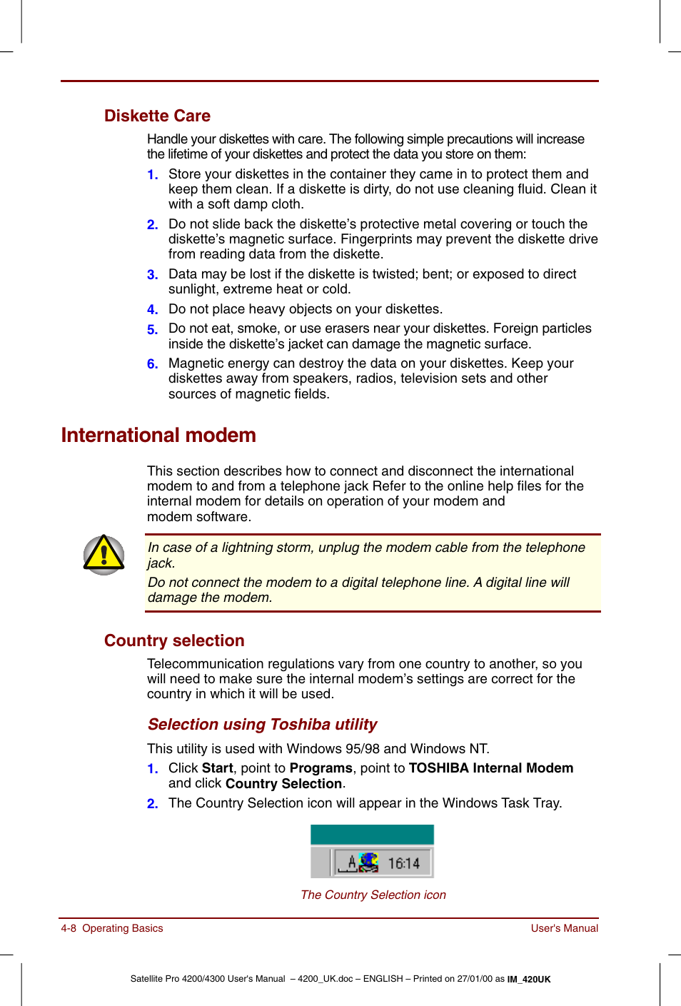 International modem, Diskette care -8, International modem -8 | Country selection -8, Diskette care, Country selection | Toshiba Satellite Pro 4320 User Manual | Page 62 / 230