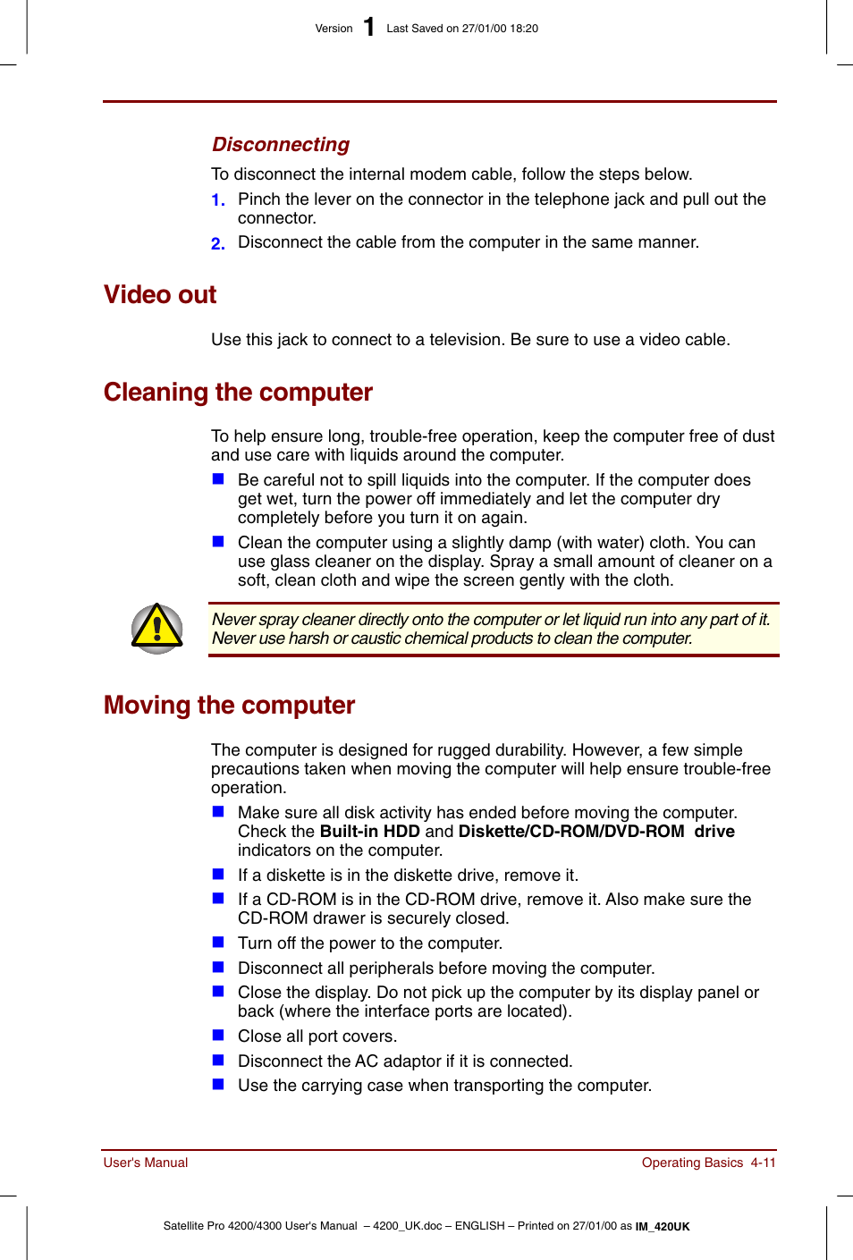 Video out, Cleaning the computer, Moving the computer | Toshiba Satellite Pro 4320 User Manual | Page 65 / 230