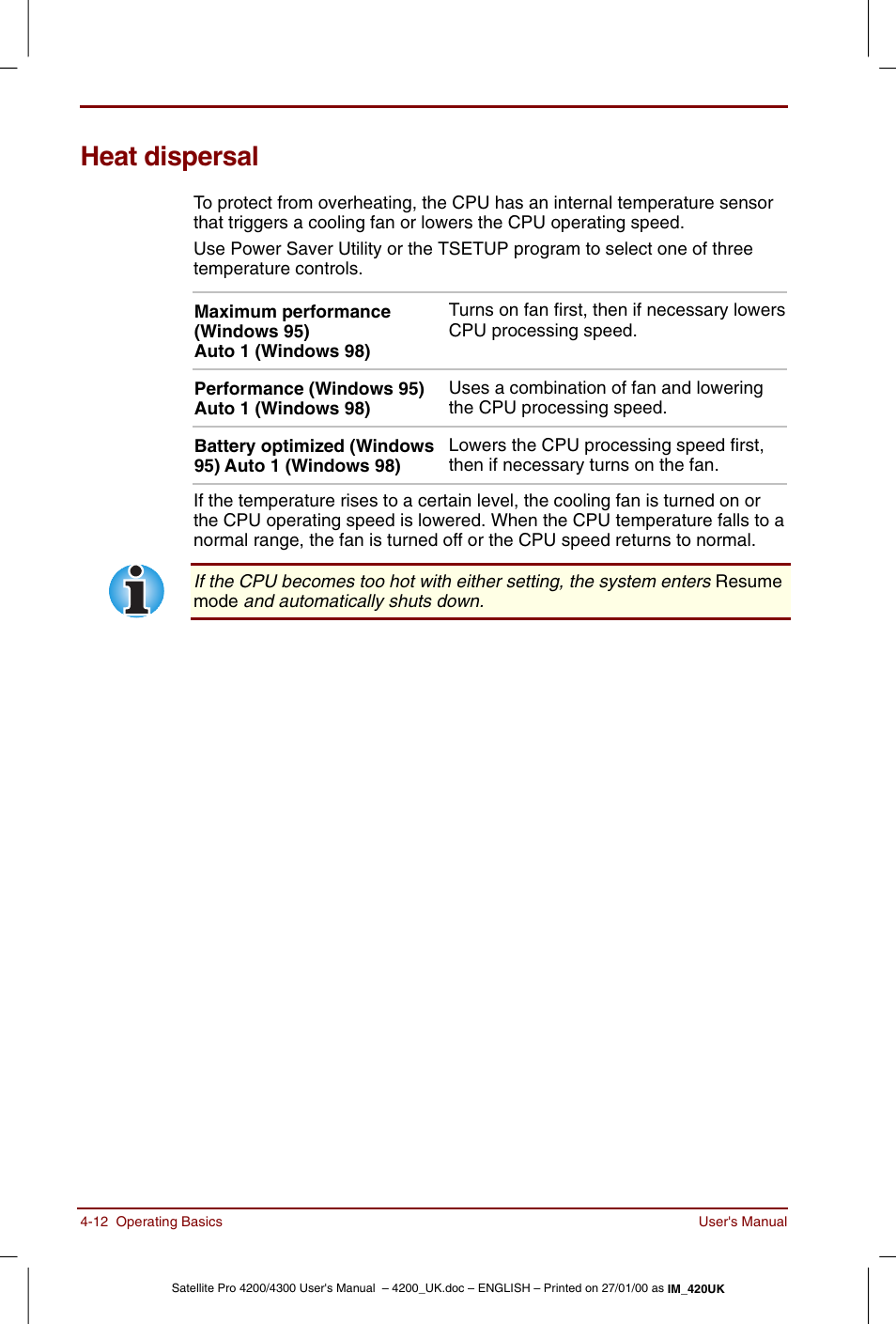 Heat dispersal, Heat dispersal -12 | Toshiba Satellite Pro 4320 User Manual | Page 66 / 230