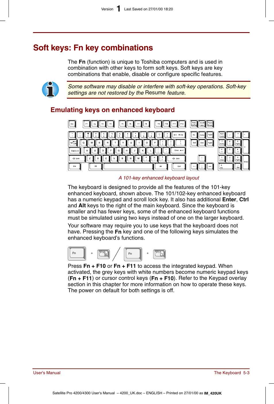 Soft keys: fn key combinations, Soft keys: fn key combinations -3, Emulating keys on enhanced keyboard -3 | Emulating keys on enhanced keyboard | Toshiba Satellite Pro 4320 User Manual | Page 69 / 230