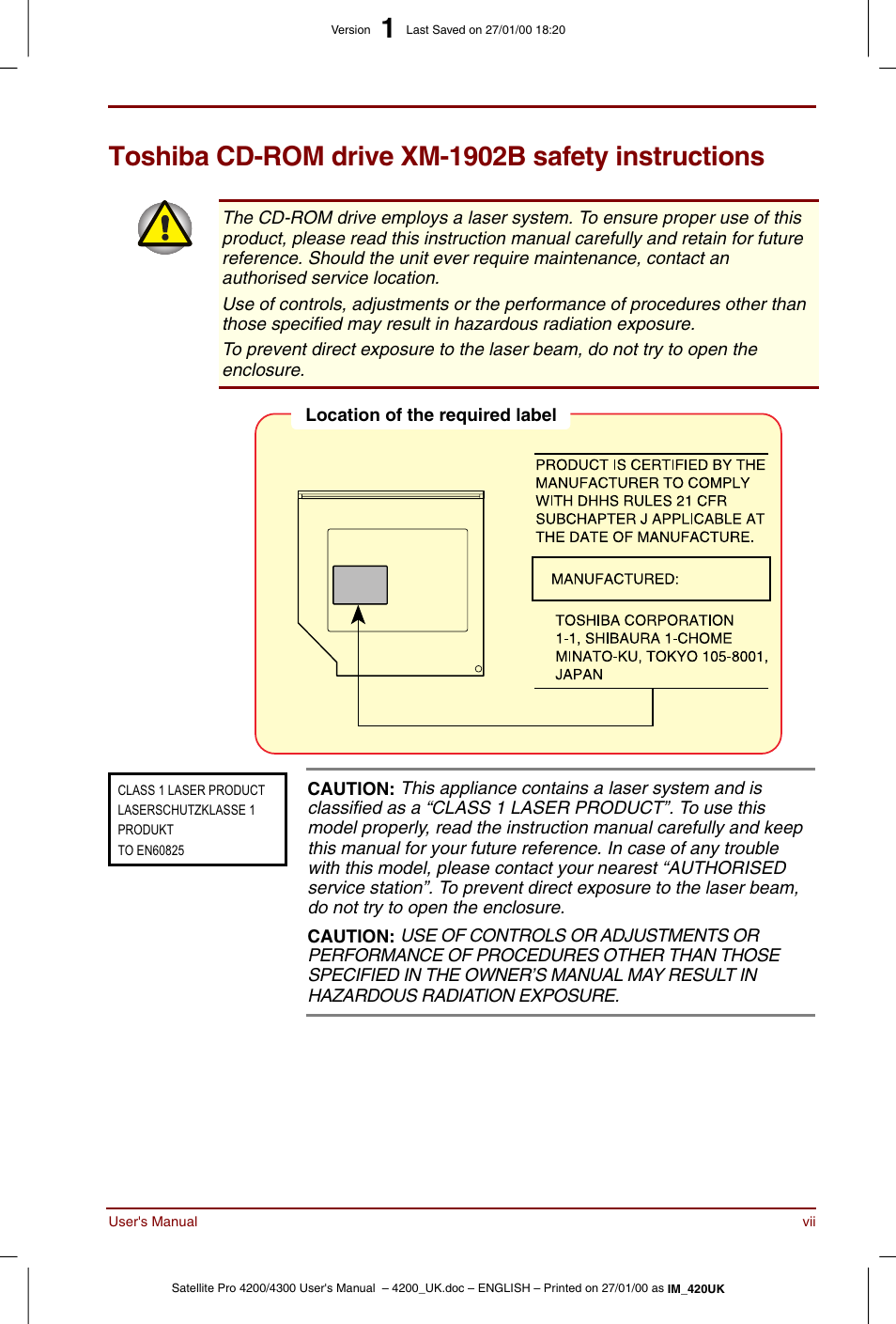 Toshiba cd-rom drive xm-1902b safety instructions | Toshiba Satellite Pro 4320 User Manual | Page 7 / 230