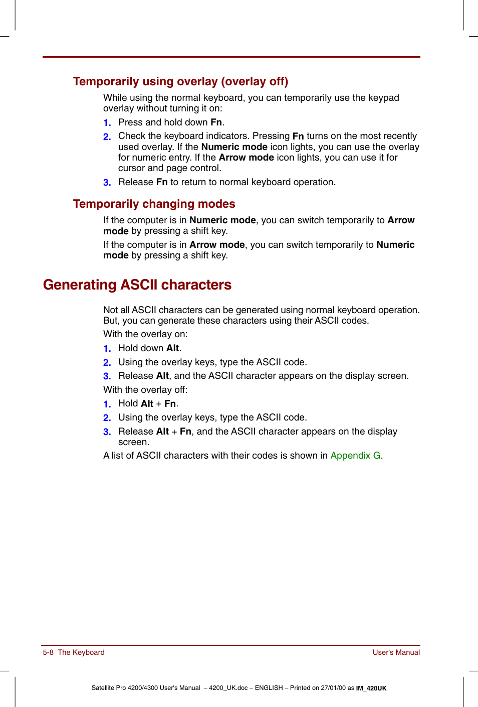 Generating ascii characters, Generating ascii characters -8, Temporarily using overlay (overlay off) | Temporarily changing modes | Toshiba Satellite Pro 4320 User Manual | Page 74 / 230