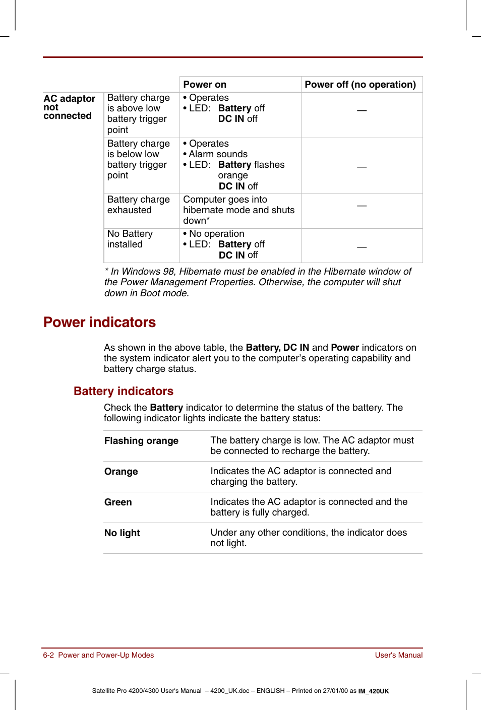 Power indicators, Power indicators -2, Battery indicators -2 | Battery indicators | Toshiba Satellite Pro 4320 User Manual | Page 76 / 230