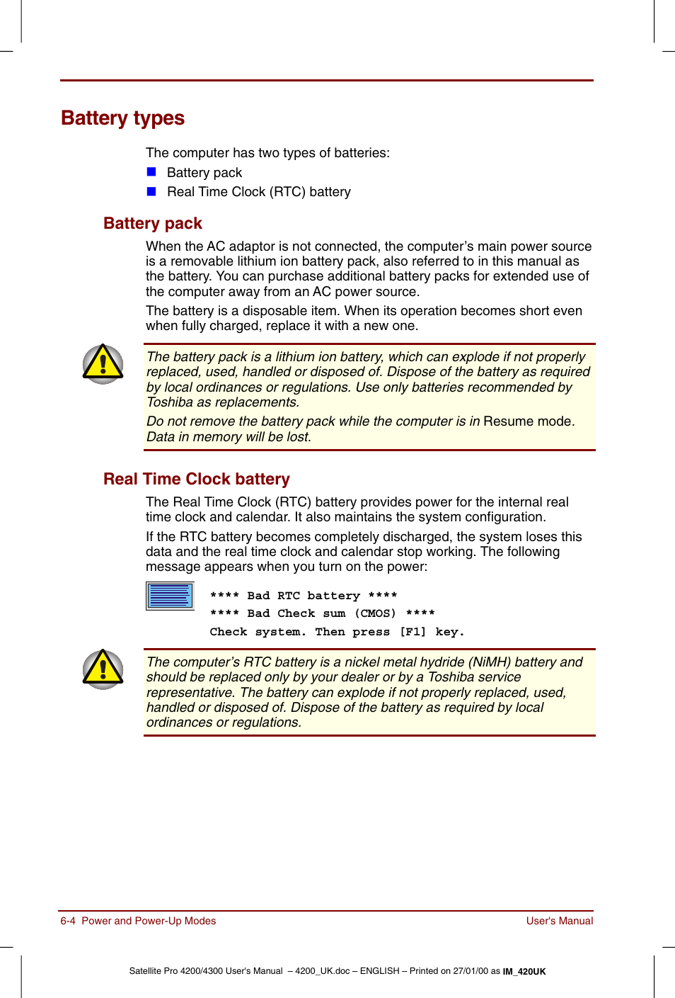 Battery types, Battery types -4, Battery pack -4 real time clock battery -4 | Battery pack, Real time clock battery | Toshiba Satellite Pro 4320 User Manual | Page 78 / 230