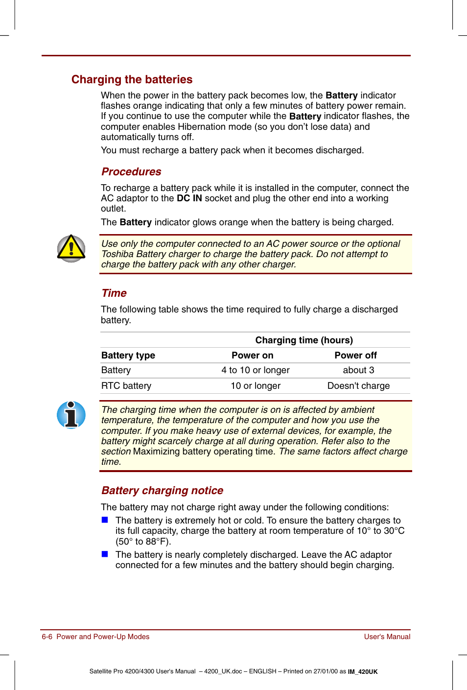 Charging the batteries -6, Charging the batteries | Toshiba Satellite Pro 4320 User Manual | Page 80 / 230