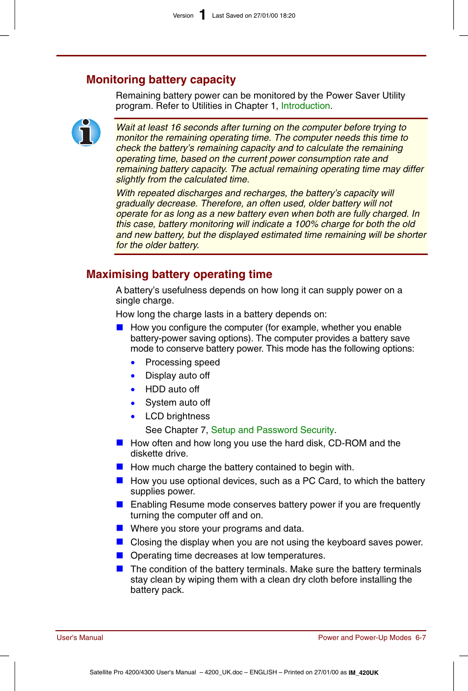 Monitoring battery capacity, Maximising battery operating time | Toshiba Satellite Pro 4320 User Manual | Page 81 / 230