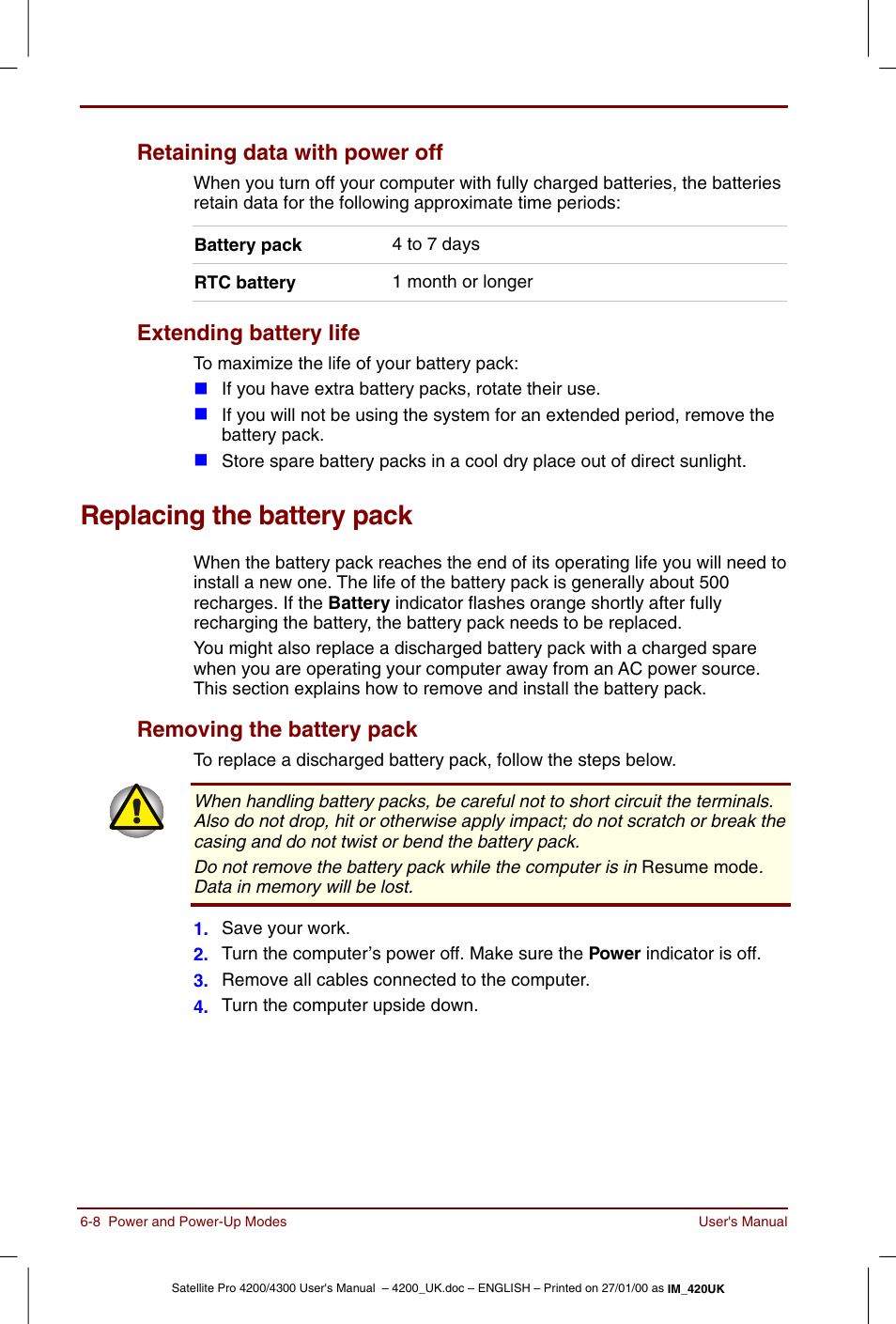 Replacing the battery pack, Replacing the battery pack -8, Removing the battery pack -8 | Retaining data with power off, Extending battery life, Removing the battery pack | Toshiba Satellite Pro 4320 User Manual | Page 82 / 230