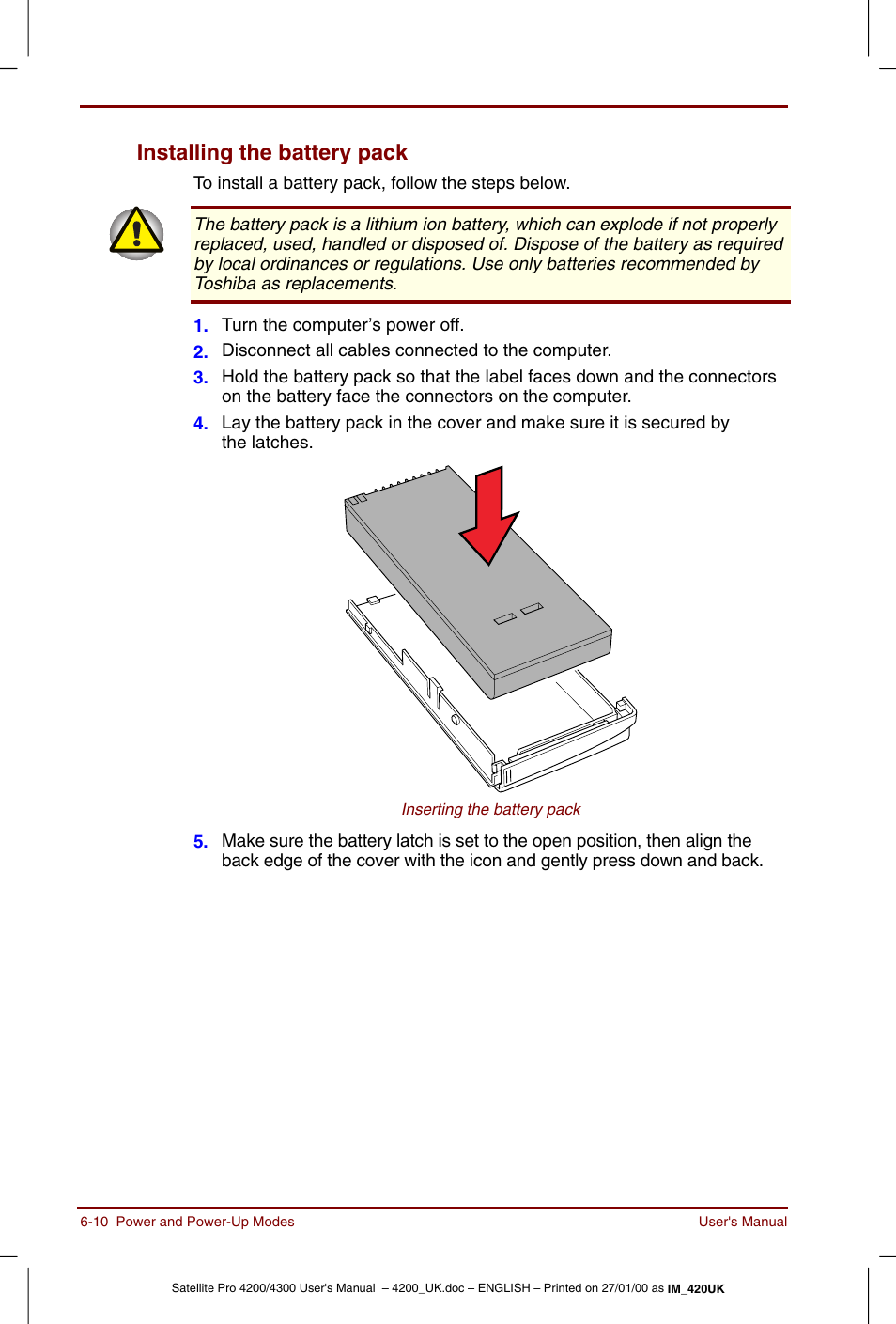 Installing the battery pack -10, Installing the battery pack | Toshiba Satellite Pro 4320 User Manual | Page 84 / 230