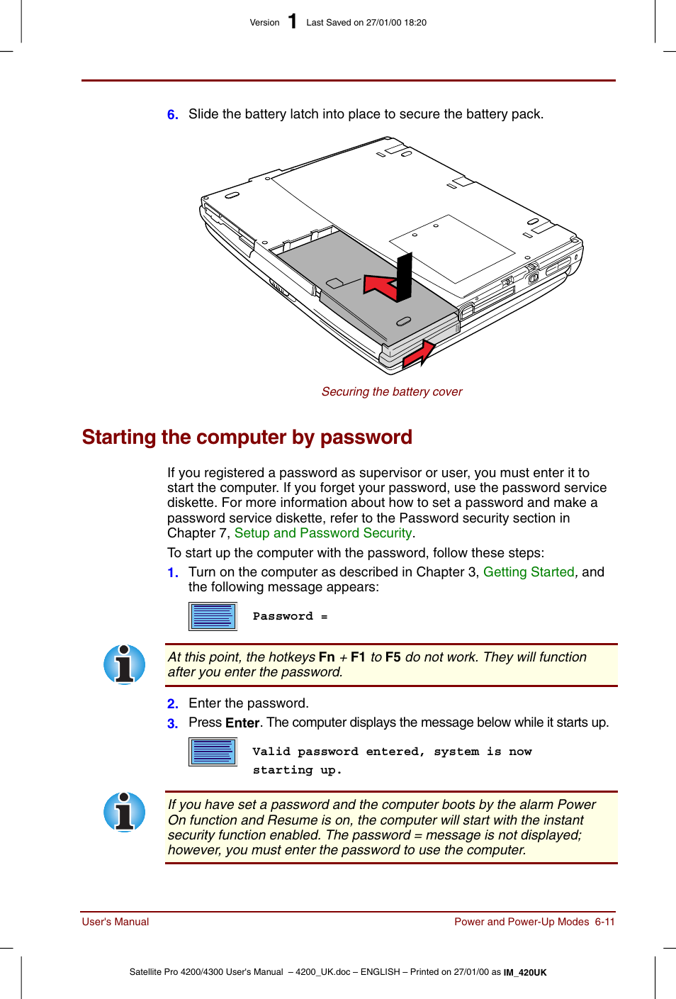 Starting the computer by password, Starting the computer by password -11 | Toshiba Satellite Pro 4320 User Manual | Page 85 / 230