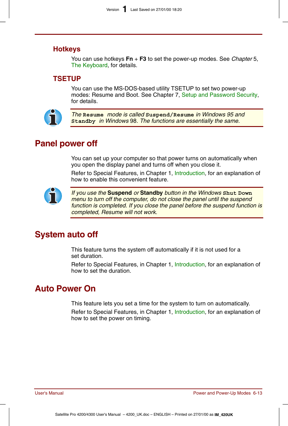 Panel power off, System auto off, Auto power on | Hotkeys -13 tsetup -13, Hotkeys, Tsetup | Toshiba Satellite Pro 4320 User Manual | Page 87 / 230