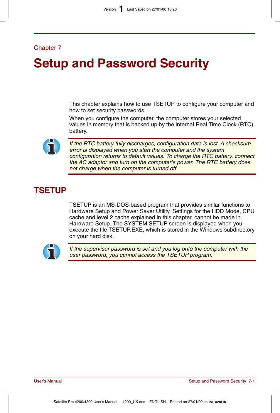 Chapter 7, Setup and password security, Tsetup | Chapter 7: setup and password security, Tsetup -1, Setup and, Password security | Toshiba Satellite Pro 4320 User Manual | Page 89 / 230